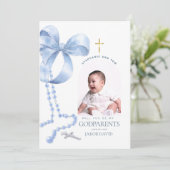 男の子の名付け親提案、青いリボン＆ロザリオカード 招待状 (スタンド正面)
