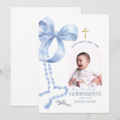 男の子の名付け親提案、青いリボン＆ロザリオカード 招待状 (正面/裏面)