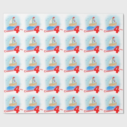男の子の名前によって絵を描かれる帆ボートの年齢4つの誕生日の覆い ラッピングペーパー (フラット)
