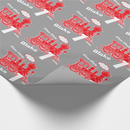 男の子の名前の年齢の電車ロコレッドグレー1歳の誕生日 ラッピングペーパー (角)