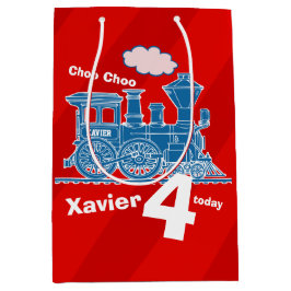 男の子の名前の年齢の電車ロコレッドブルー4歳の誕生日 ミディアムペーパーバッグ