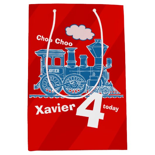 男の子の名前の年齢の電車ロコレッドブルー4歳の誕生日 ミディアムペーパーバッグ (正面)