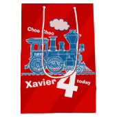 男の子の名前の年齢の電車ロコレッドブルー4歳の誕生日 ミディアムペーパーバッグ (裏面)