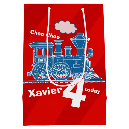 男の子の名前の年齢の電車ロコレッドブルー4歳の誕生日 ミディアムペーパーバッグ (裏面)