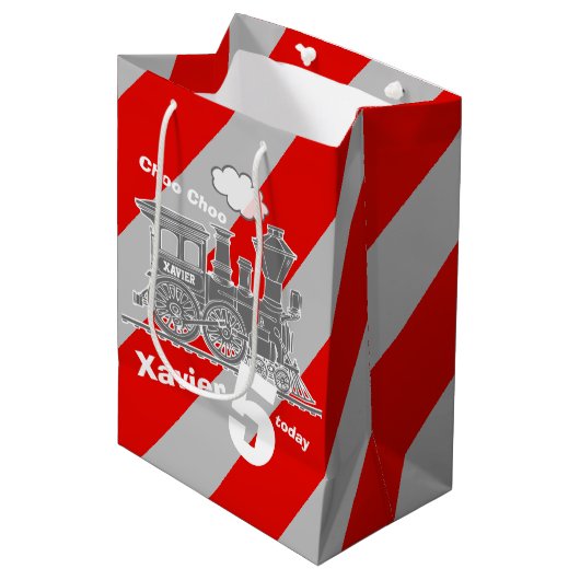 男の子の名前の年齢トレインのロコグレー5歳の誕生日 ミディアムペーパーバッグ (正面アングル)