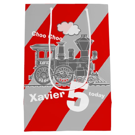 男の子の名前の年齢トレインのロコグレー5歳の誕生日 ミディアムペーパーバッグ (裏面)