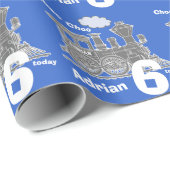 男の子の名前の年齢トレインのロコブルー灰色の誕生日 ラッピングペーパー (ロールコーナー)