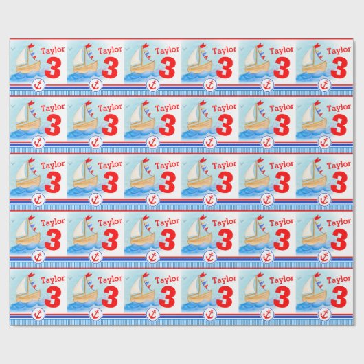 男の子の名前の年齢絵を描帆船の誕生日ラップ ラッピングペーパー (フラット)
