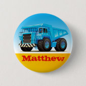 男の子の名前をカスタムするの建築のダンプトラック 缶バッジ (正面)