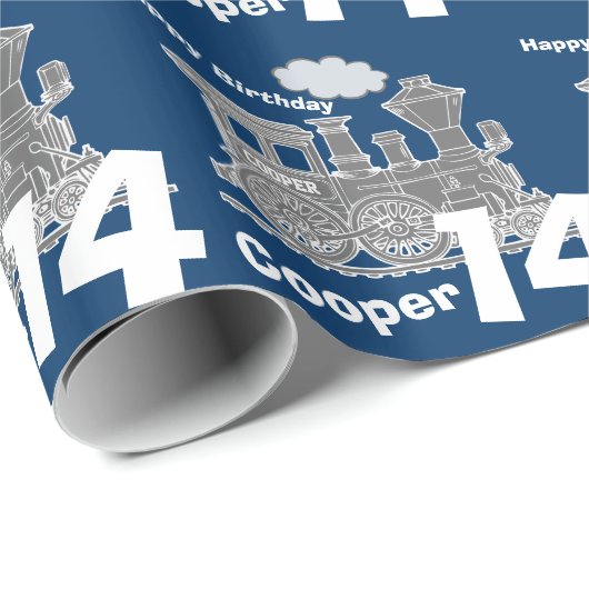男の子の名前14thバースデートレインのロコブルーグレー ラッピングペーパー (ロールコーナー)