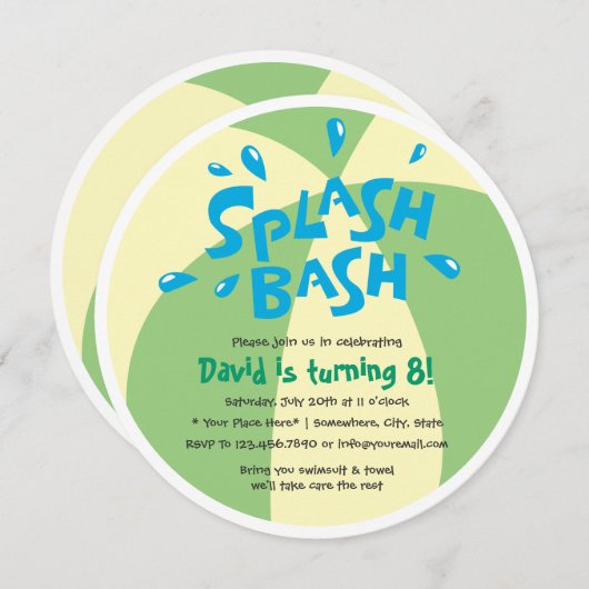 男の子の夏のしぶきのプールを囲んでのパーティの誕生日 招待状 (正面/裏面)