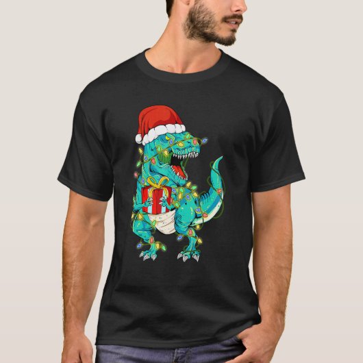 男の子の女の子のための恐竜サンタのクリスマスツリーライト Tシャツ (正面)