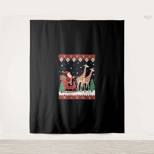 男の子の女の子サンタクロース乗りキリンそり醜い タペストリー (正面)