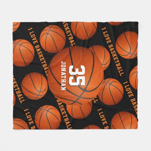 男の子の女の子スポーツ私はバスケットボールパターンが大好き フリースブランケット (正面(横))