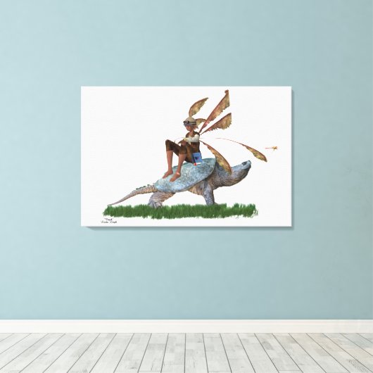 男の子の妖精タートルストレッチキャンバスプリントに乗る キャンバスプリント (インサイチュ (ウッドフロア))