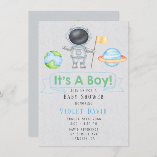 男の子の宇宙の男の子の赤ちゃんシャワー 招待状 (正面/裏面)