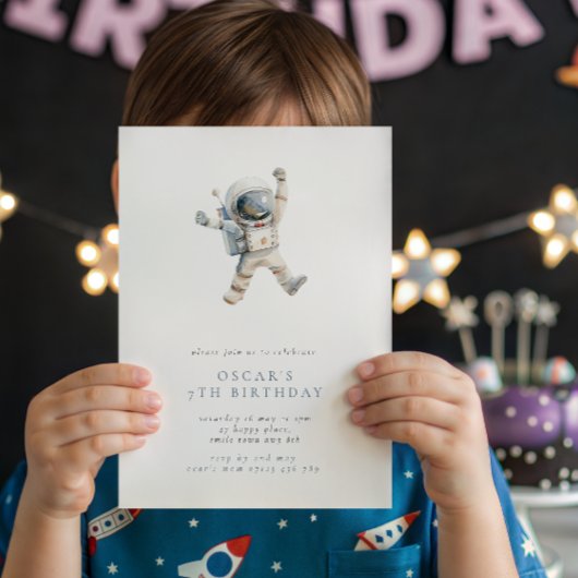男の子の宇宙飛行士ミニマリスト宇宙誕生日パーティー 招待状