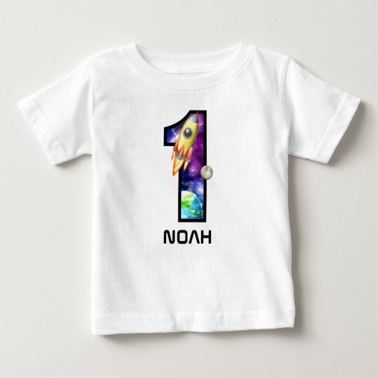男の子の宇宙飛行士 1歳誕生日 ベビーTシャツ (正面)