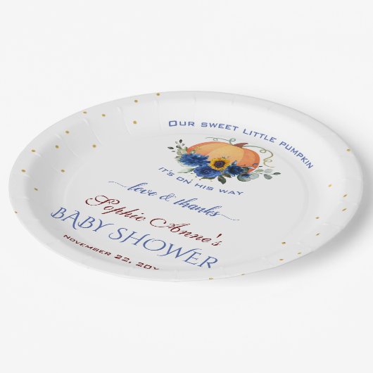 男の子の小さなカボチャ感謝ベビーシャワーパップ ペーパープレート (アングル)