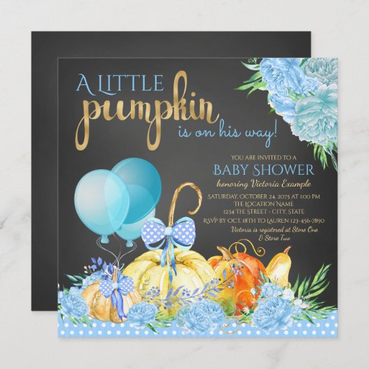 男の子の小さなカボチャ素朴の黒板ベビーシャワー 招待状 (正面/裏面)