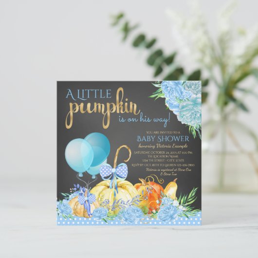 男の子の小さなカボチャ素朴の黒板ベビーシャワー 招待状 (スタンド正面)