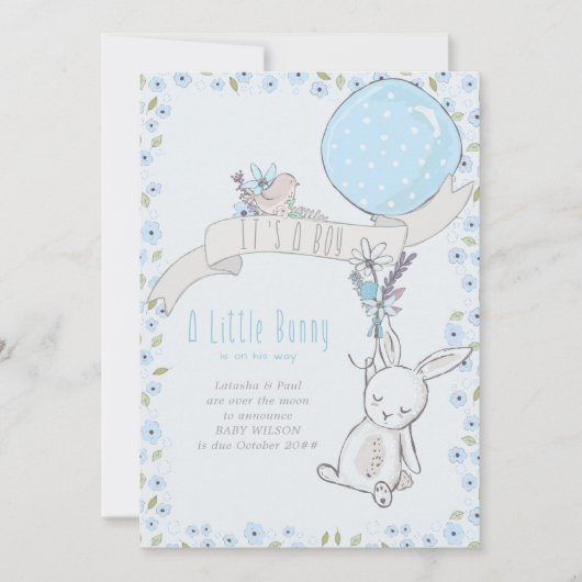男の子の小さなバニーと青いバルーン妊娠だ 案内状 (正面)