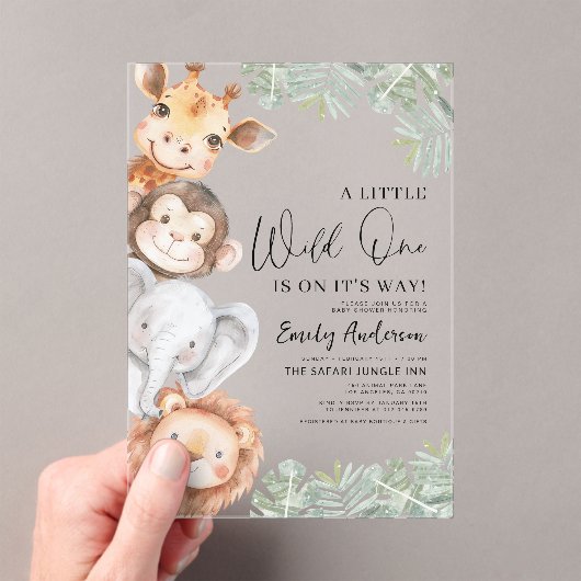 男の子の小さな野生1サファリ動物の赤ちゃんシャワー アクリル招待状 (インサイチュ (ポータブル))