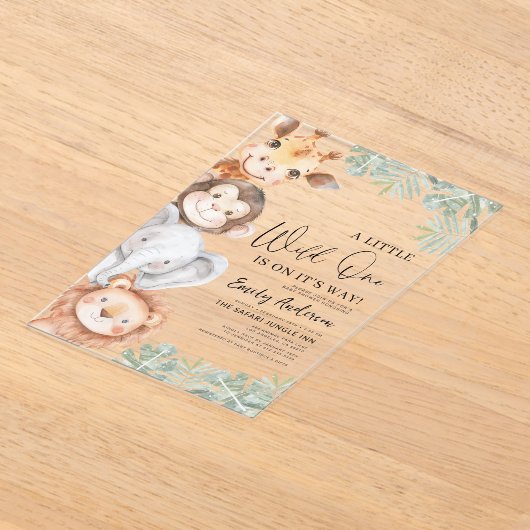 男の子の小さな野生1サファリ動物の赤ちゃんシャワー アクリル招待状 (レイダウン)