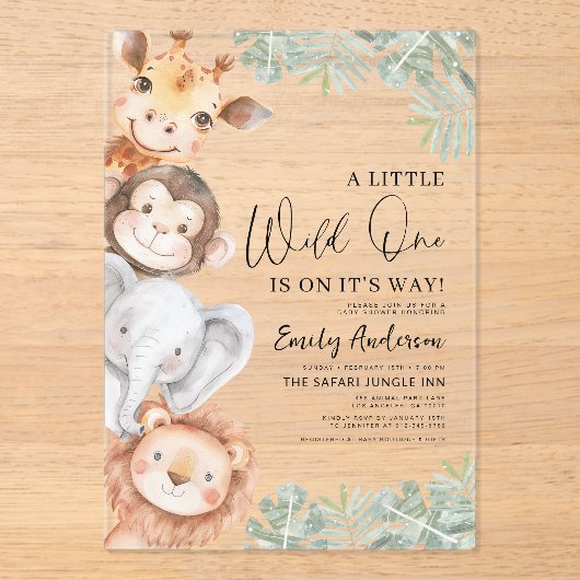 男の子の小さな野生1サファリ動物の赤ちゃんシャワー アクリル招待状 (正面)