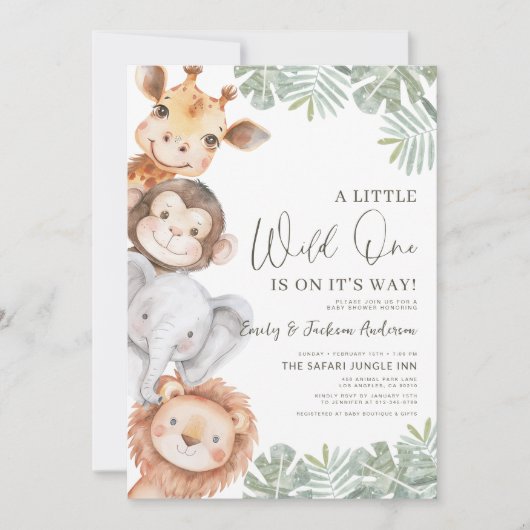 男の子の小さな野生1サファリ動物の赤ちゃんシャワー 招待状 (正面)
