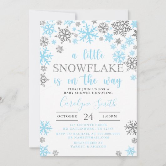 男の子の小さな雪の結晶が途中の赤ちゃんシャワー私 招待状 (正面)