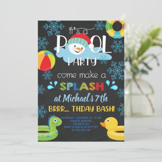 男の子の屋内の冬のプールのパーティー誕生日の招待。 招待状 (スタンド正面)