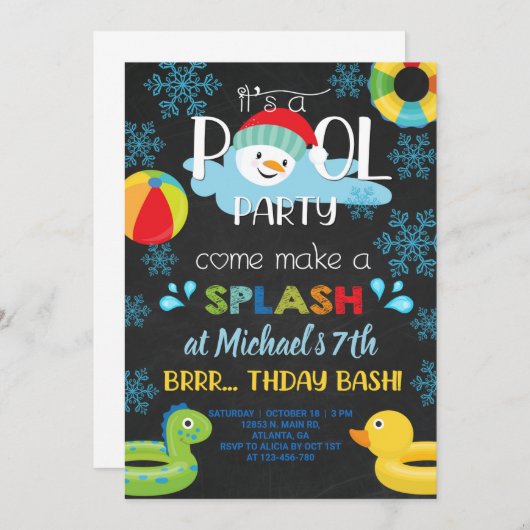 男の子の屋内の冬のプールのパーティー誕生日の招待。 招待状 (正面/裏面)
