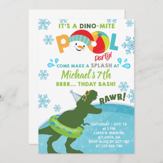 男の子の屋内の冬のプールのパーティー誕生日の招待。 招待状 (正面/裏面)