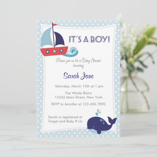 男の子の帆船の赤航海のちゃんシャワー招待状 招待状 (スタンド正面)