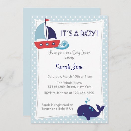 男の子の帆船の赤航海のちゃんシャワー招待状 招待状 (正面/裏面)