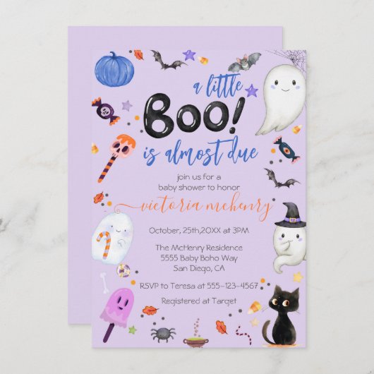 男の子の幽霊リトルブーはハロウィーンの赤ちゃんシャワーが原因 招待状 (正面/裏面)