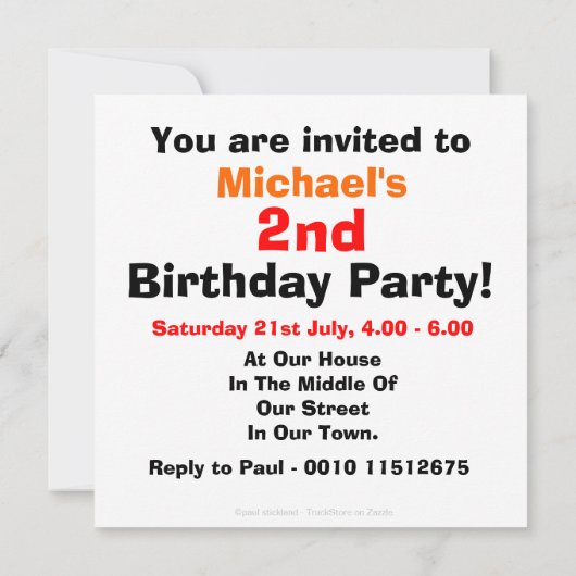 男の子の建築のトラックの第2誕生会 招待状 (裏面)