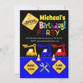 男の子の建設トラックの誕生日パーティーへの招待状です 招待状 (正面)