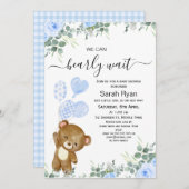 男の子の心待ちクマハートバルーン赤ちゃんシャワー 招待状 (正面/裏面)