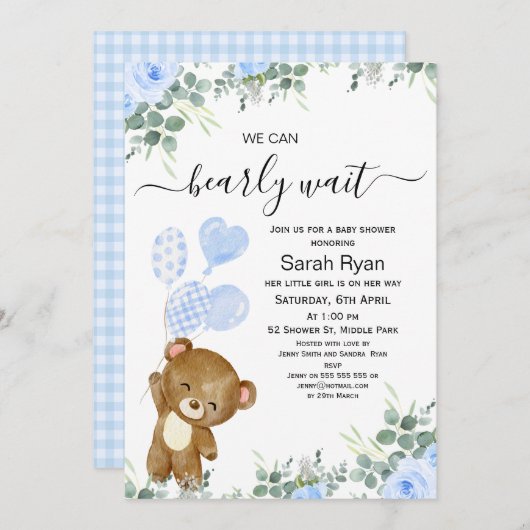 男の子の心待ちクマハートバルーン赤ちゃんシャワー 招待状 (正面/裏面)