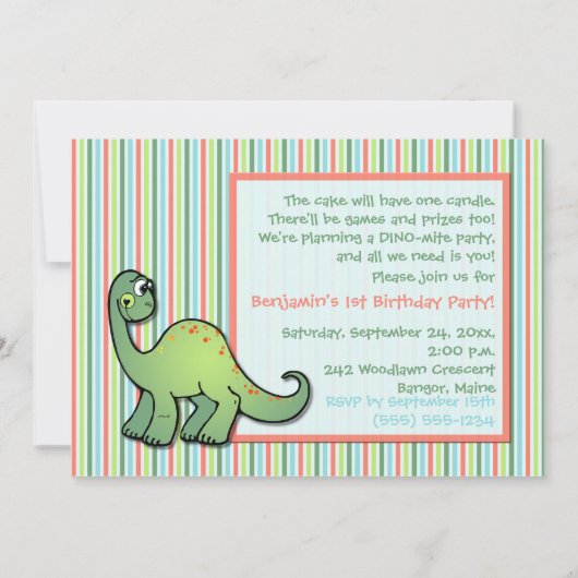 男の子の恐竜の最初の誕生日パーティーの招待状 招待状 (裏面)