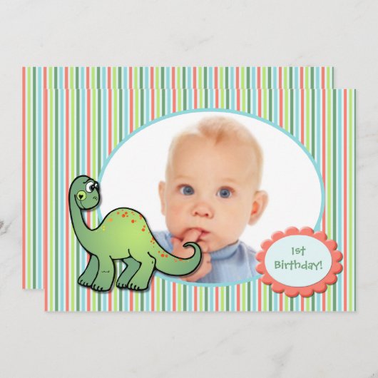 男の子の恐竜の最初の誕生日パーティーの招待状 招待状 (正面/裏面)