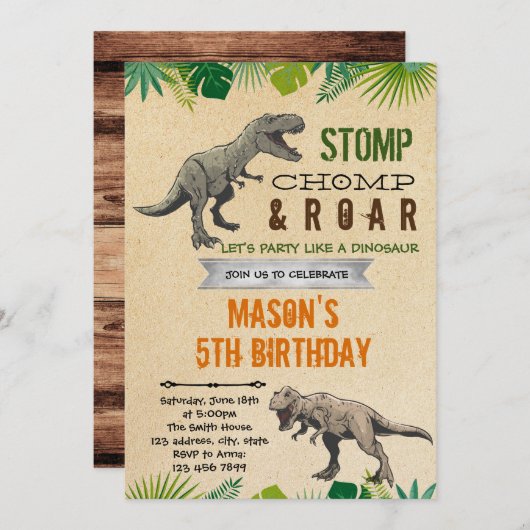 男の子の恐竜の誕生日テーマ 招待状 (正面/裏面)