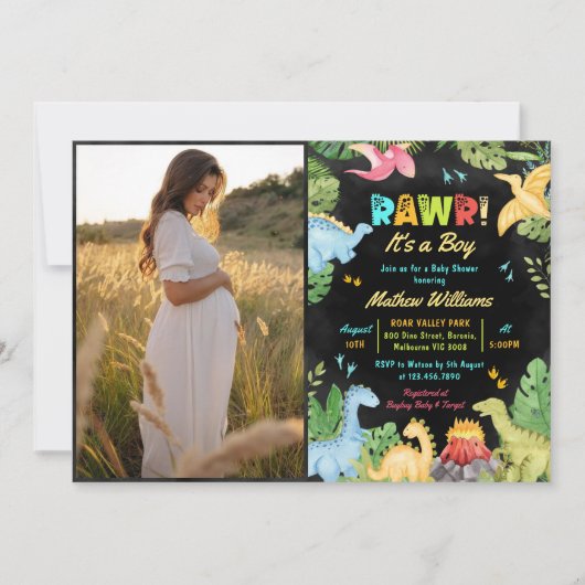 男の子の恐竜の赤ちゃんのシャワー写真をRawr 招待状 (正面)