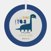 男の子の恐竜の赤ちゃんシャワーかわいい青 ガラスオーナメント (裏面)