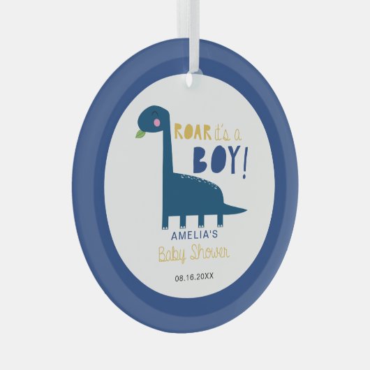 男の子の恐竜の赤ちゃんシャワーかわいい青 ガラスオーナメント (正面右)