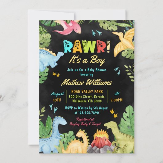 男の子の恐竜の赤ちゃんシャワーを浴びる 招待状 (正面)