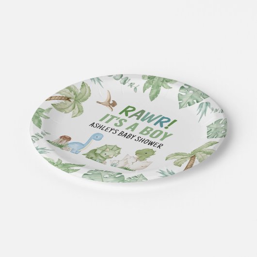 男の子の恐竜の赤ちゃんシャワー ペーパープレート (アングル)