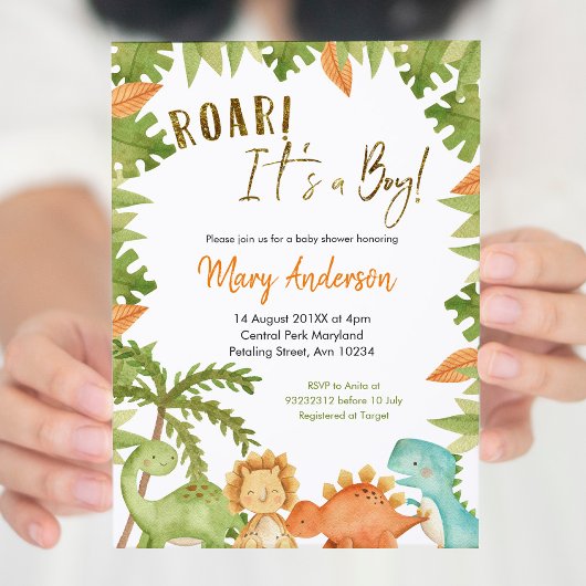 男の子の恐竜の赤ちゃんシャワー 招待状